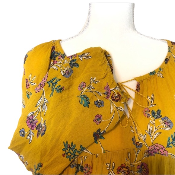 Old Navy Mustard Yellow Boho Floral Front Tie Long Sleeve Peasant Blouse - Picture 6 of 14